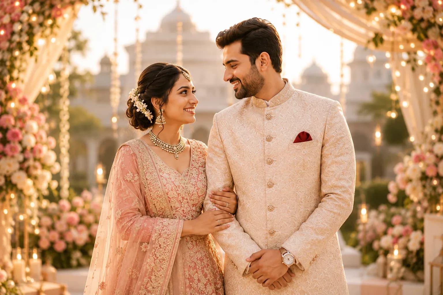 Bride and groom in traditional wedding attire at a palace celebration