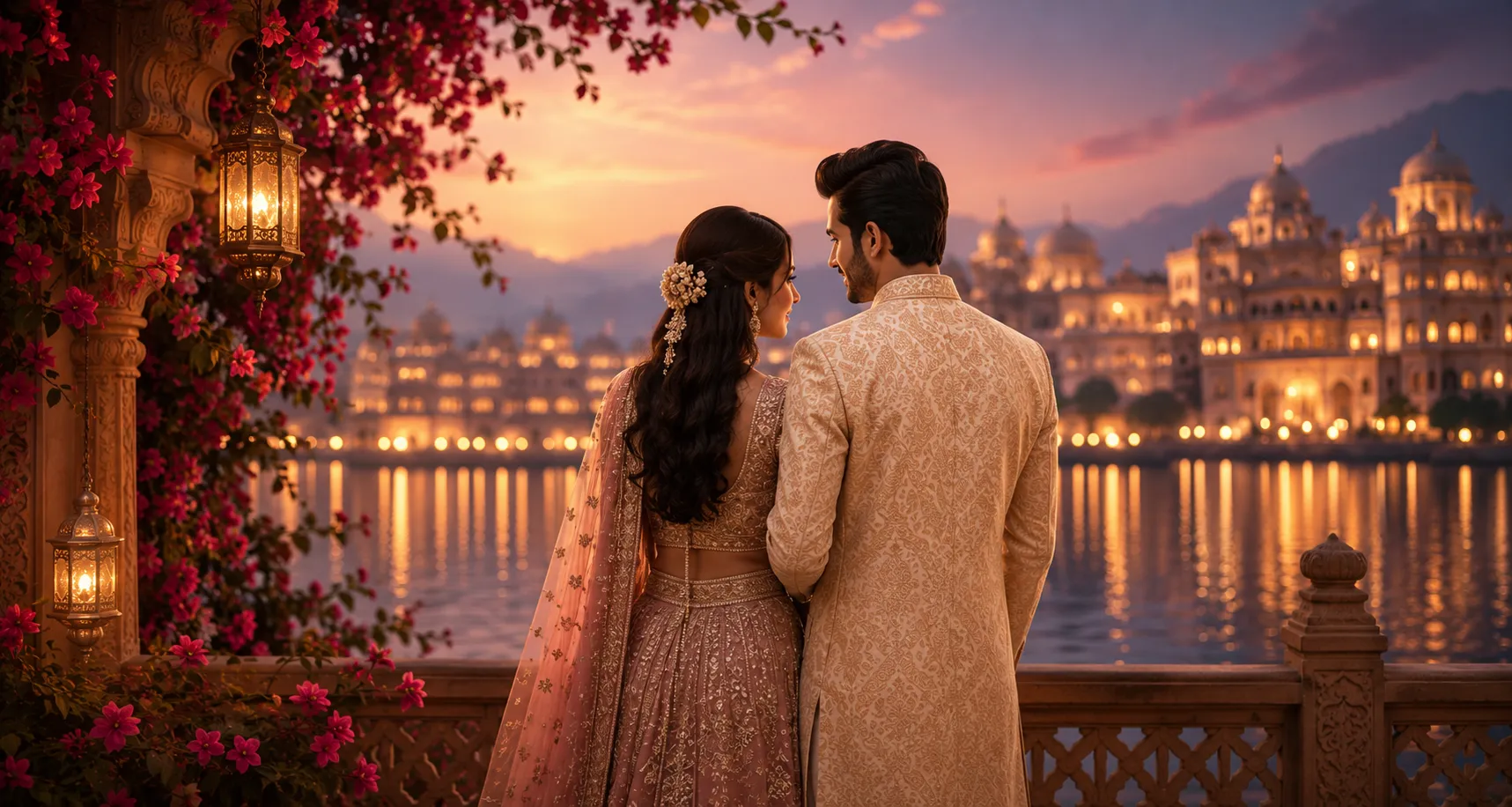 Couple in wedding attire overlooking a lit palace lake at dusk